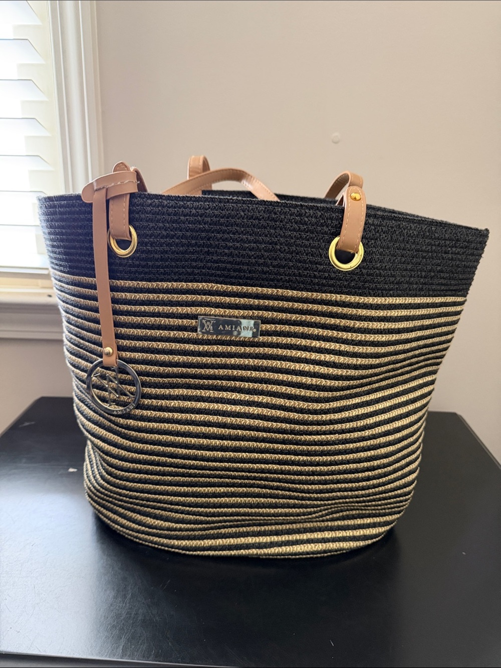 Striped Black & Tan Straw Tote with Leather-Style Handles